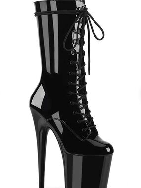 Pleaser Flamingo-1050 Black Patent Platform 8” Stiletto Boots